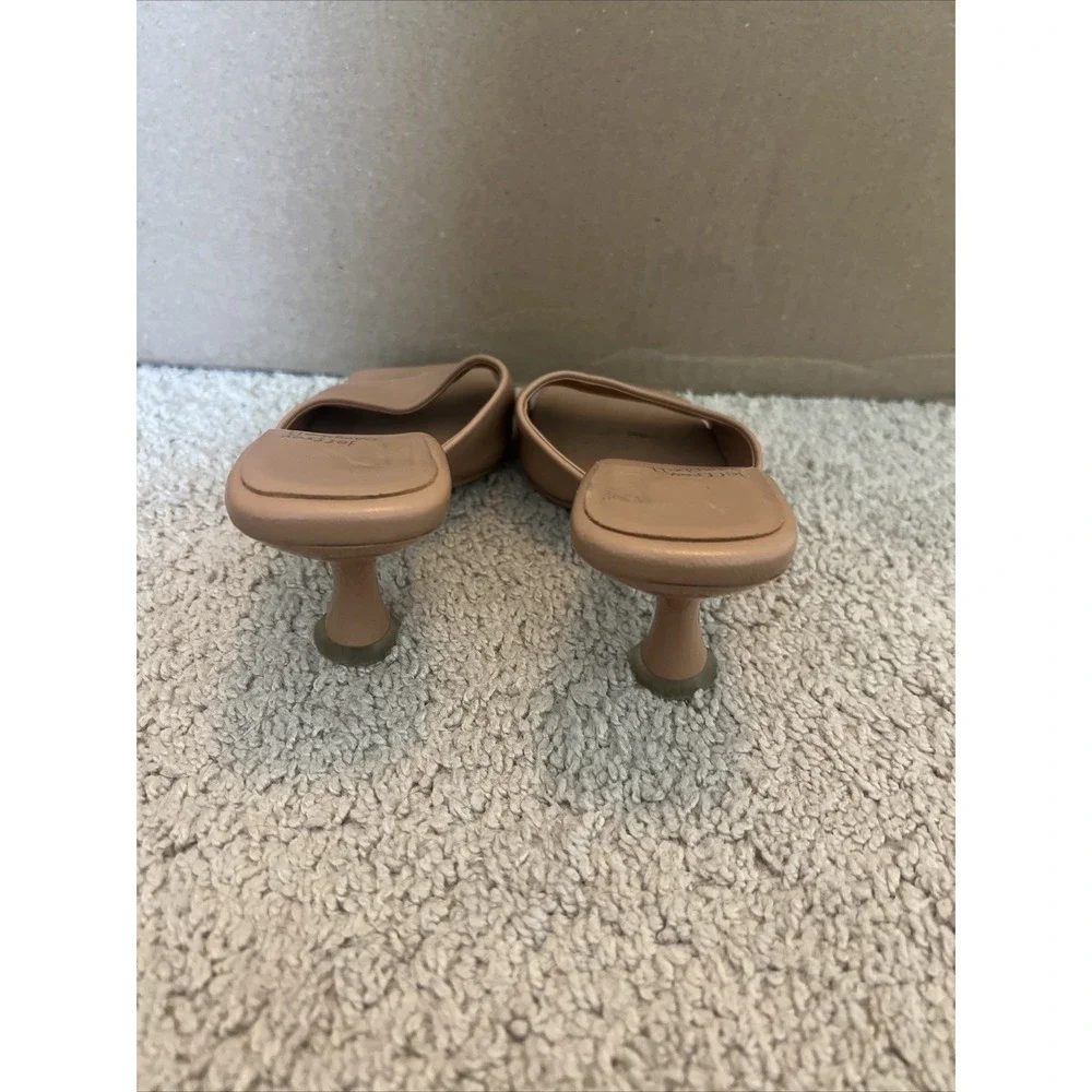 Jeffrey Campbell Tan Nude Square Toe Mules Sandals Y2K Heel Size 6 Vegan Leather - Picture 3 of 7